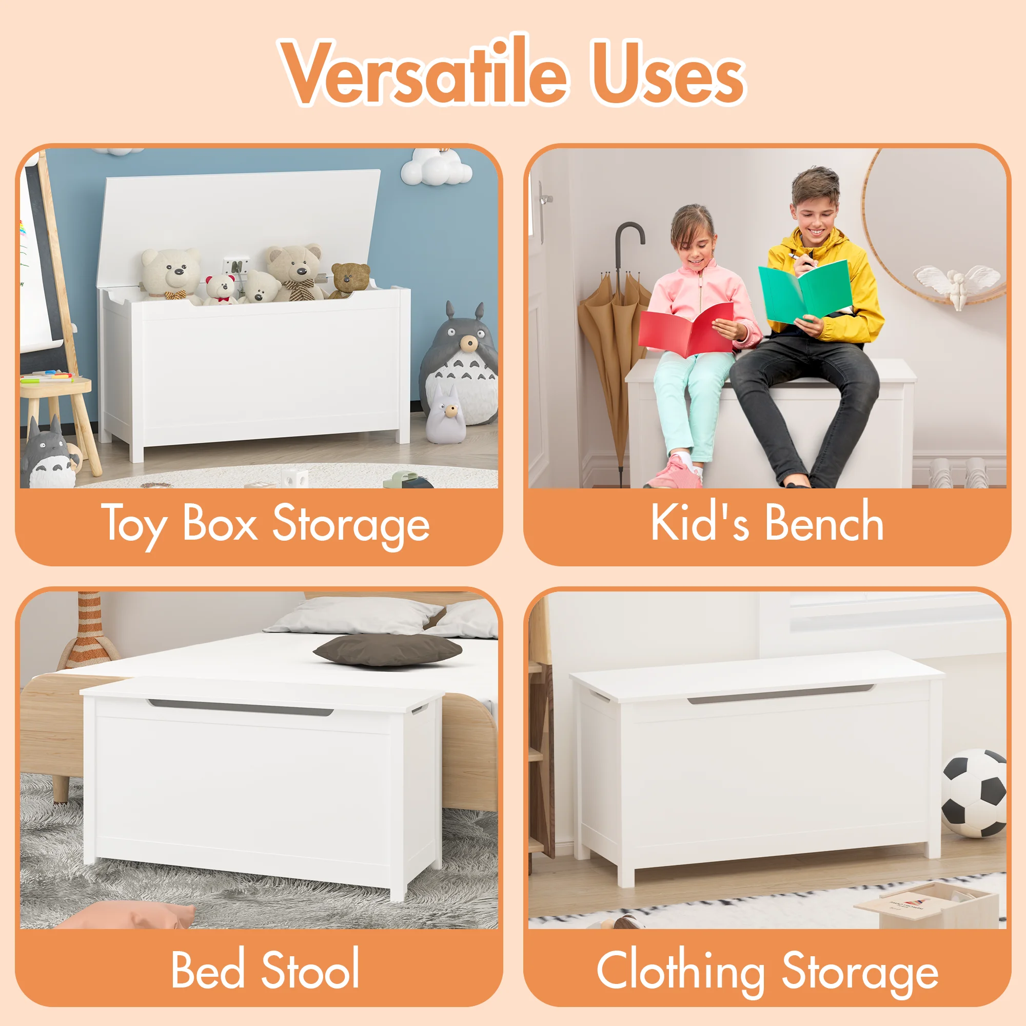 Kids Wooden Toy Box Storage with Quiet Close Safety Hinged Lid - Durable Organizer for Ages 2+ 6