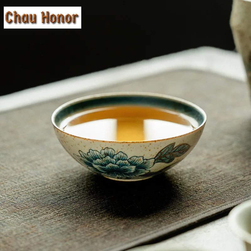 100ml Blue And White Flint Red Ceramic Teacup Handmade Gold Drawing Peony Host Cup Personal Puer Tea Bowl Chazhan Drinkware Gift