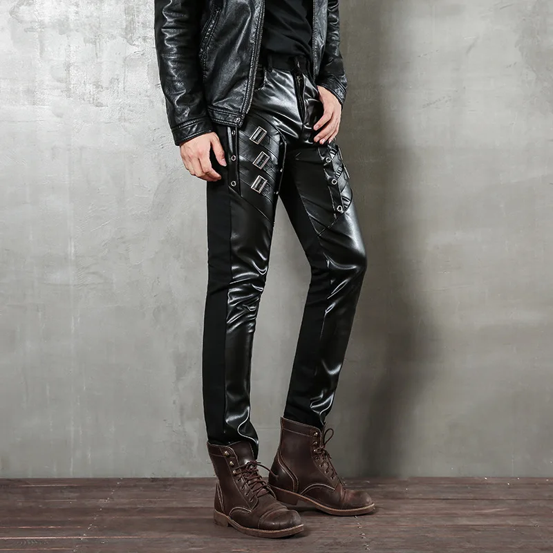 Mens Punk Fashion PU Leather Pants Personality Motorcycle Pencil Trousers Hip Hop Applique Black Leather Trousers Male