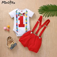 MiniFox Baby Boys Birthday Outfit For One Years Number"1“ Bodysuit and Y-back Suspender Shorts 1 Year Birthday Cake Smash Sets 1