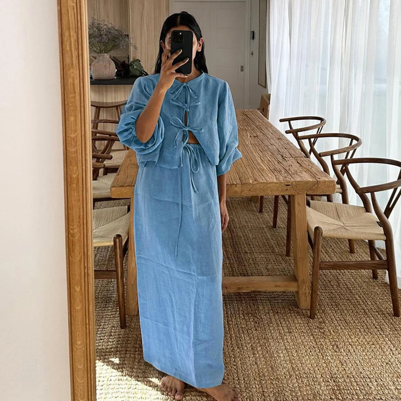 Casual Loose Khaki Cotton Linen 2 Piece Sets Women Vintage Puff Long Sleeve Lace-Up Shirt With High Waist Long Skirts Outfits