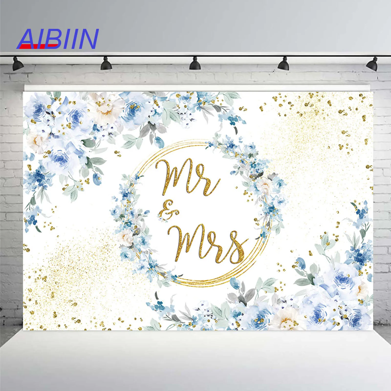 

Blue Floral Backdrop for Mr and Mrs Engagement Party Decorations Couples Wedding Golden Dots Glitter Photography Background