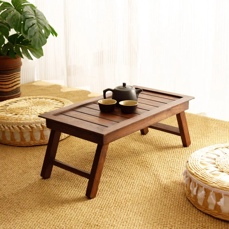 Folding Bamboo Tea Table, Portable Low Coffee Table for Small Space, Floor Desk for Bedroom Balcony, Easy Storage Kotatsu Table