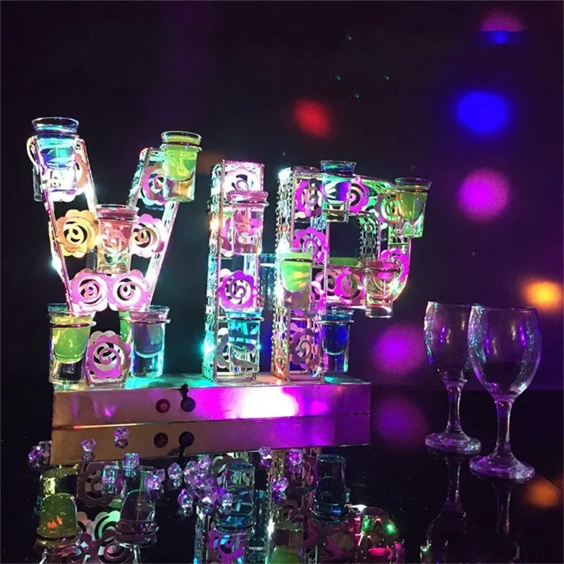 Rechargeable Luminous Light Up VIP Shaped LED Cocktail Tray Wine Glass Cup Holder for Bar Disco Party Decorations Supplies