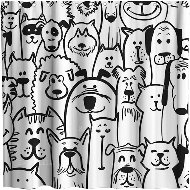 

Funny Cute Dog Sheep Lovely Animals Cat Theme Fabric Black And White Shower Curtain Sets Kids Bathroom Decor With Hooks