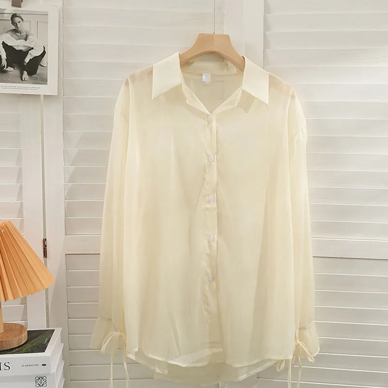 Pearl Diary Women Sheer Chiffon Shirts Summer Solid Color Casual Loose Beach Cover Up Shirts Buttons Front Chic Long Sleeve Top