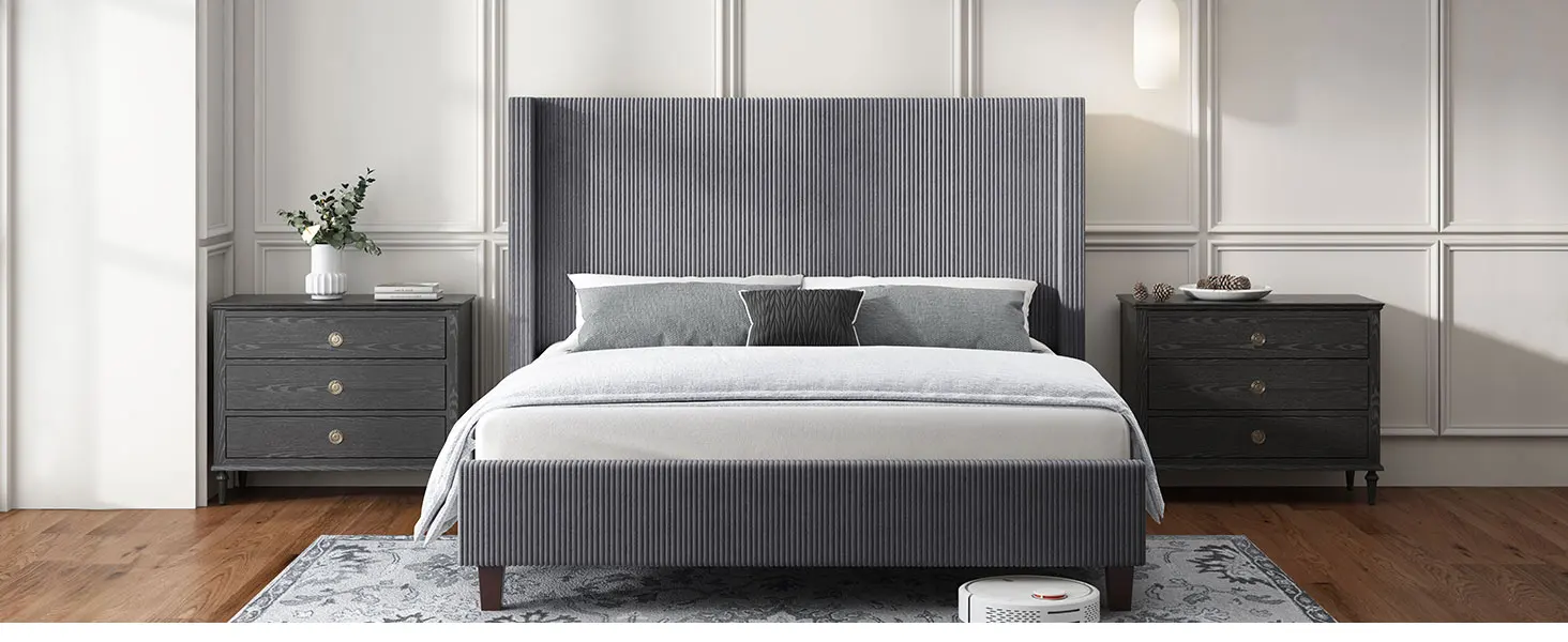 Description Picture 4 of itemUpholstered Platform Bed Frame, Wingback Bed with Headboard, Corduroy/Solid Wood Leg/No Box Spring Needed/Noise Free