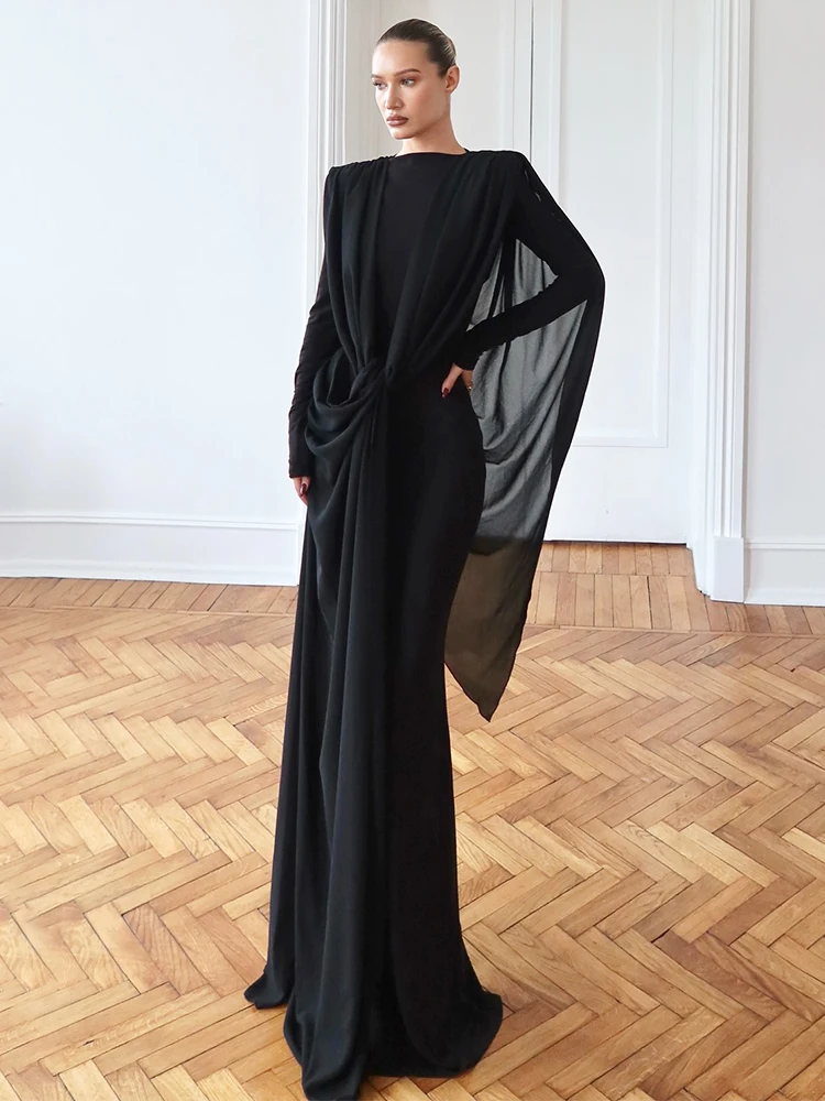 Nibber Mesh Patchwork Ruched Maxi Dresses Woman Autumn Trend Irregular Kink Design Casual Simple Solid Basic Elegant Vestidos