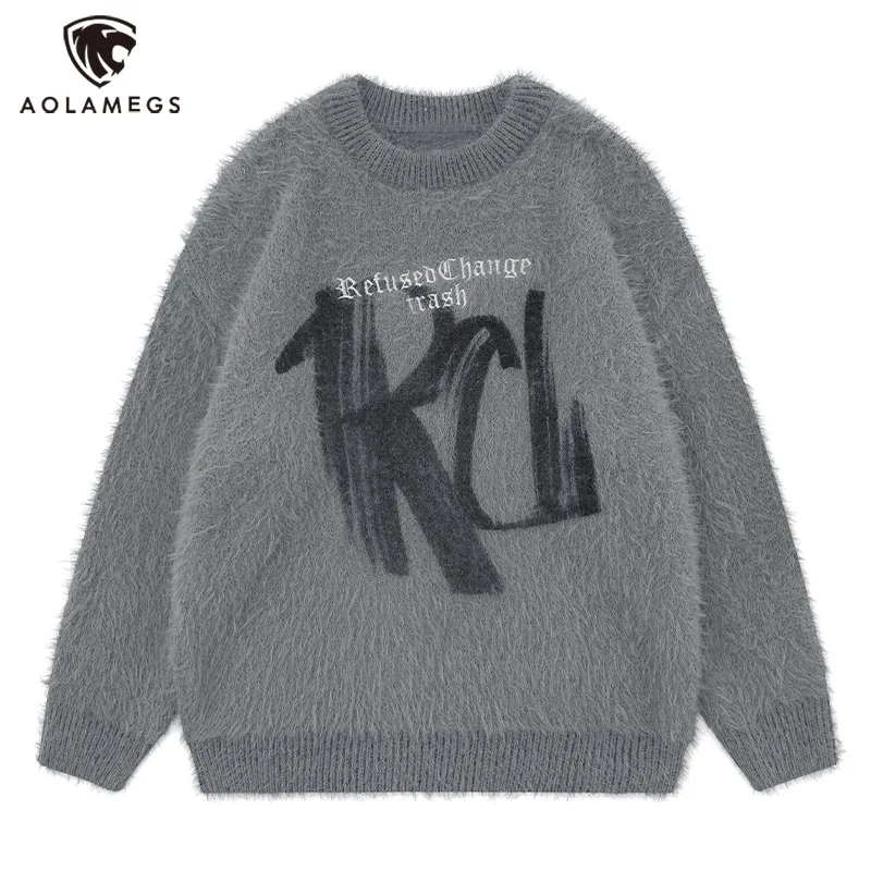

High Street Letter Jacquard Graffiti Mink Sweater for Men Embroidery Oversized Round Neck Knitwear Autumn Winter Unisex Pullover