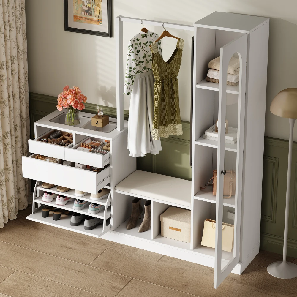 6-in-1-Multifunktions-Kleiderschrank-Set – Friseurtisch, Schuhbank, Klappschrank und Glasvitrine mit LED, praktischer Aufbewahrung zu Hause – Detail 15