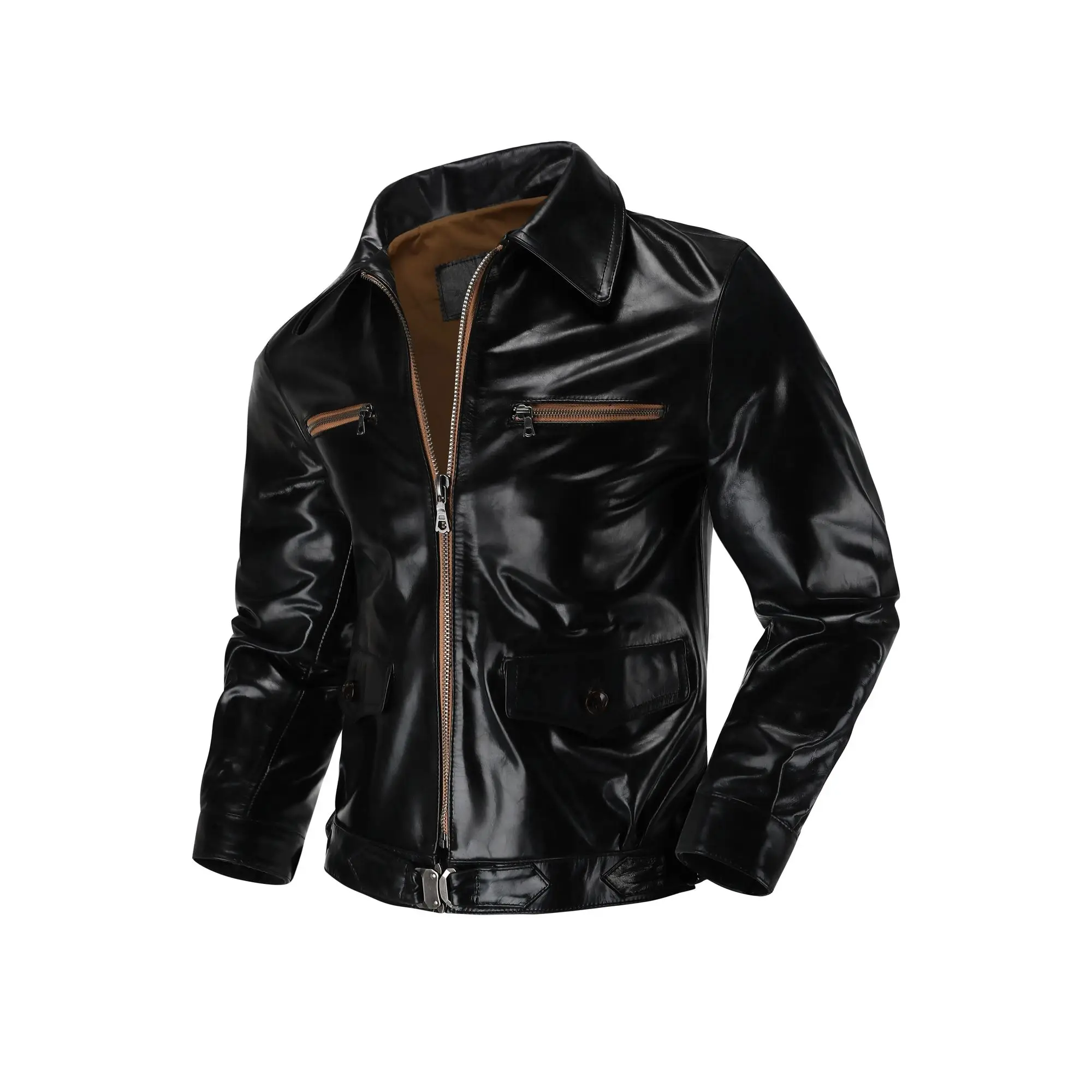 thumbnail image 1 of Chaqueta clásica de piel de vaca encerada de primera capa Hartman para hombre, traje de vuelo de la Fuerza Aérea de moda, ajustado y con solapa corta, 1 of 5