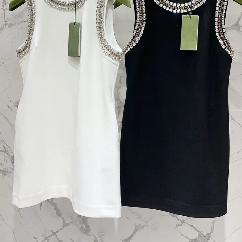 

Women's Top Quality Diamond Design Vest 2Colors 2024 Fashion Round Neck Slim Sleeveless Tops Summer New High End Clothes Runway