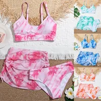 8-14Y Girls' Summer Swimwear 2023 New Fashion Cute Crisscross Tie Dyeing Printing Floral Print Three Piece Swimsuit Bathing Suit 1