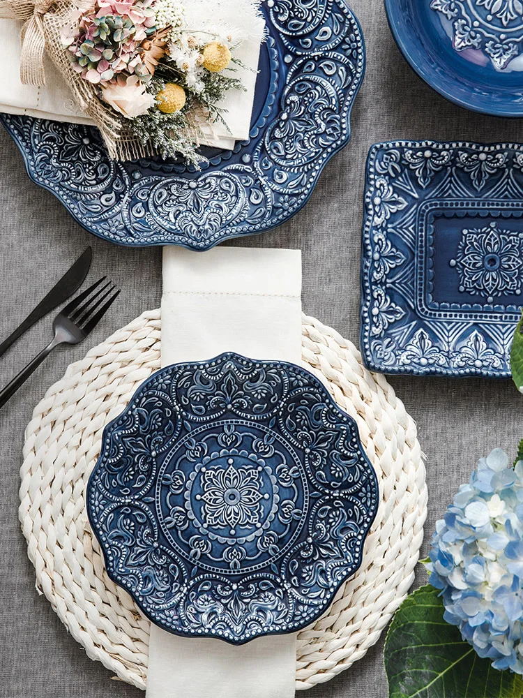 Platos de cena de cerámica Retro, cuencos de arroz, juego de vajilla azul  interestelar, bandeja para servir comida - AliExpress