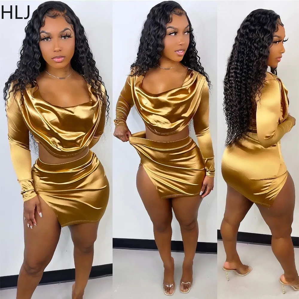 

HLJ Golden Sexy Ruched Design Party Nightclub Two Piece Sets Women Round Neck Long Sleeve Crop Top And Slit Mini Skirts Outfits