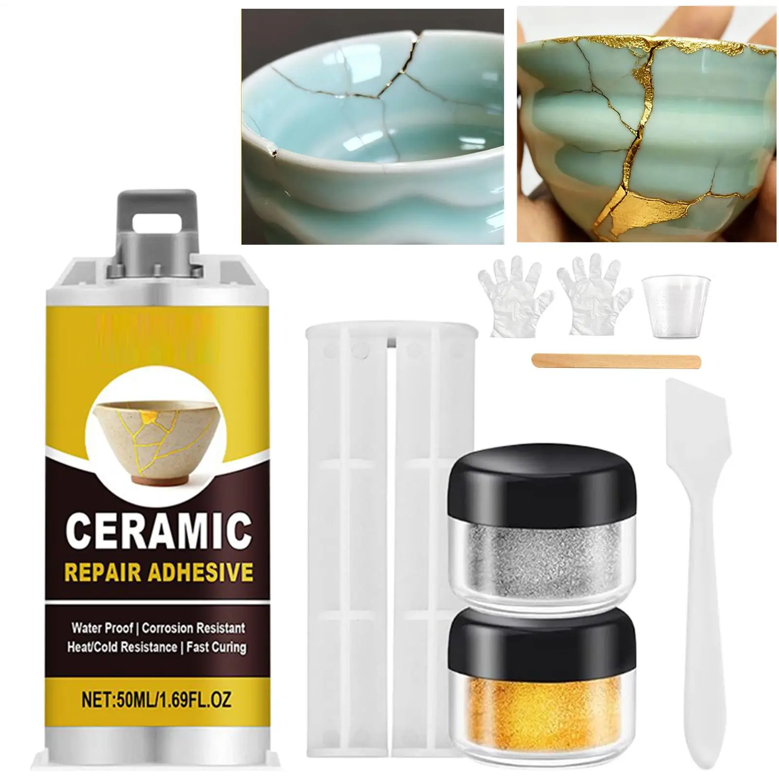 Ceramic Repair Kits Pottery Gold Repair Kit Adhesive Food Safe For Bathtub Vanity Plate Art Craft Figurines Sculptures