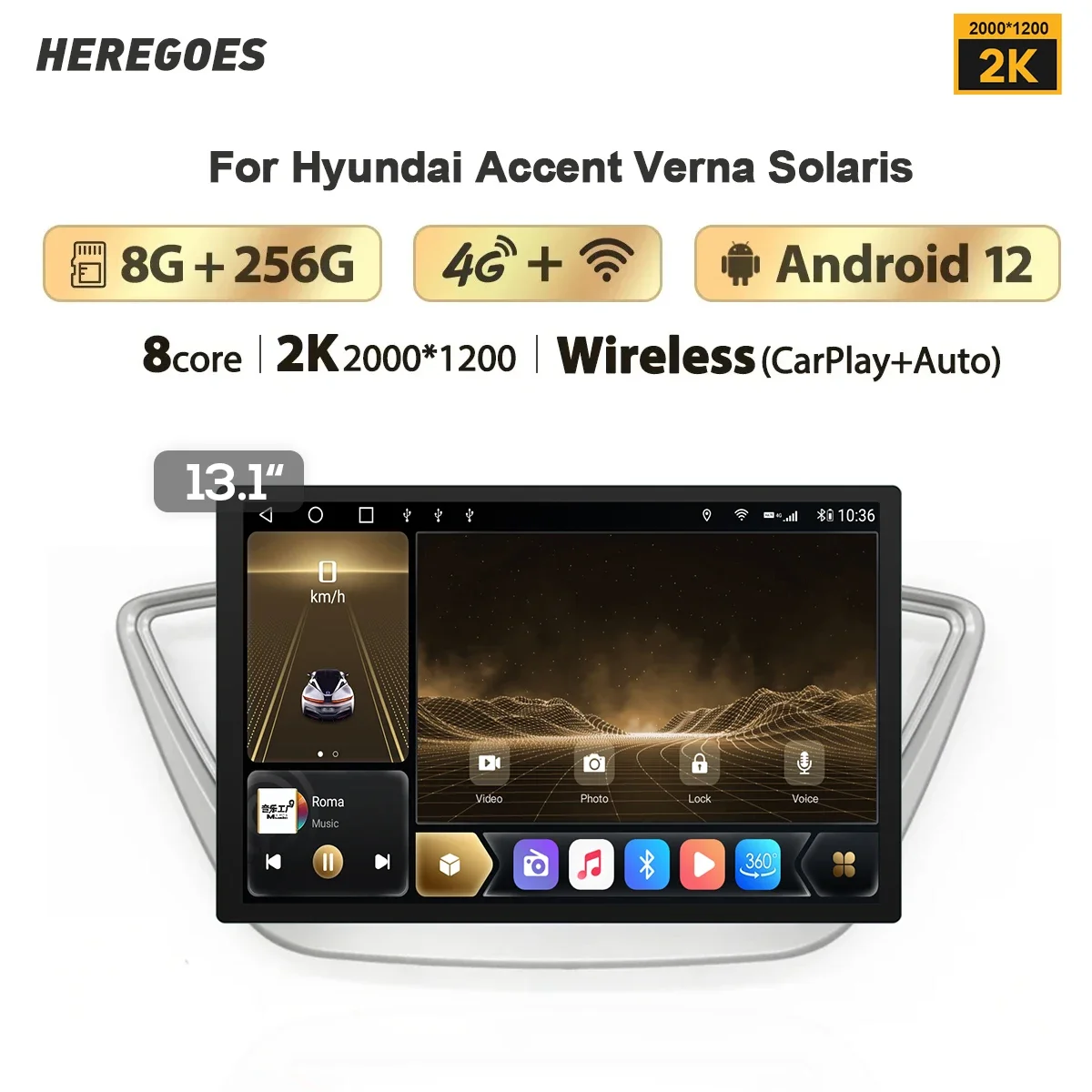 13 "2k Android 12 Auto Multimedia-Player Navigation GPS 8 256GB WLAN Carplay Autoradio für Hyundai Akzent Verna Solaris 2013-2017