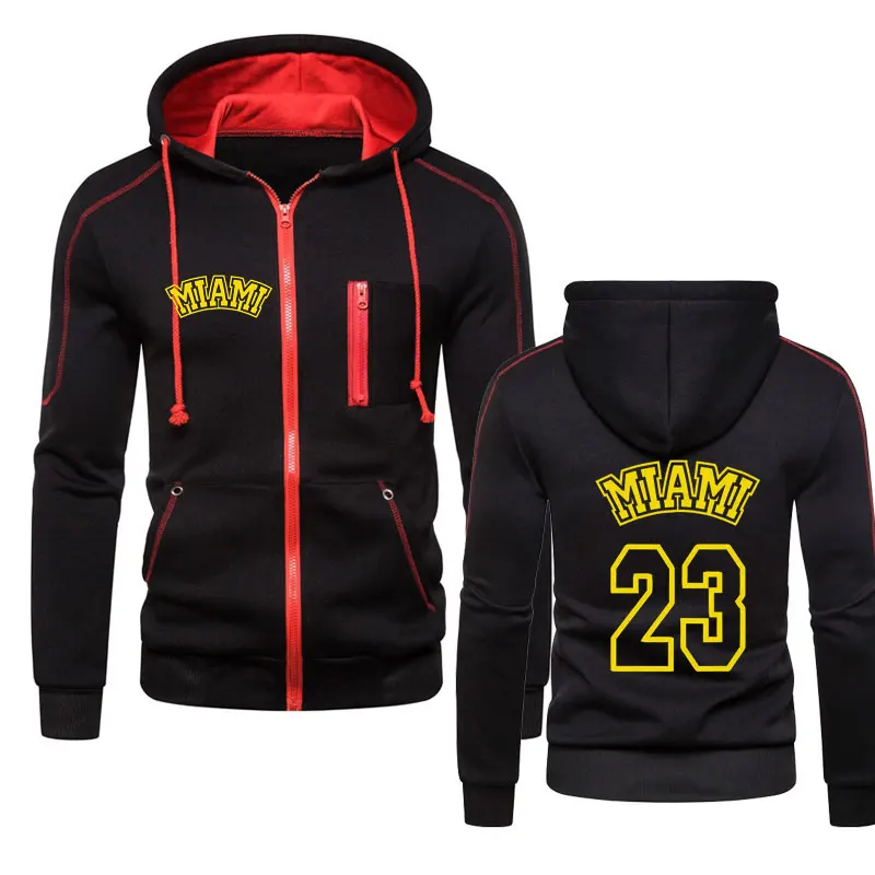 New Miami 23 Print Multi Pocket Zipper Fleece Hooded Casual Shirt for Men Women Hoodies Loose Fashion Sweatshirt top
