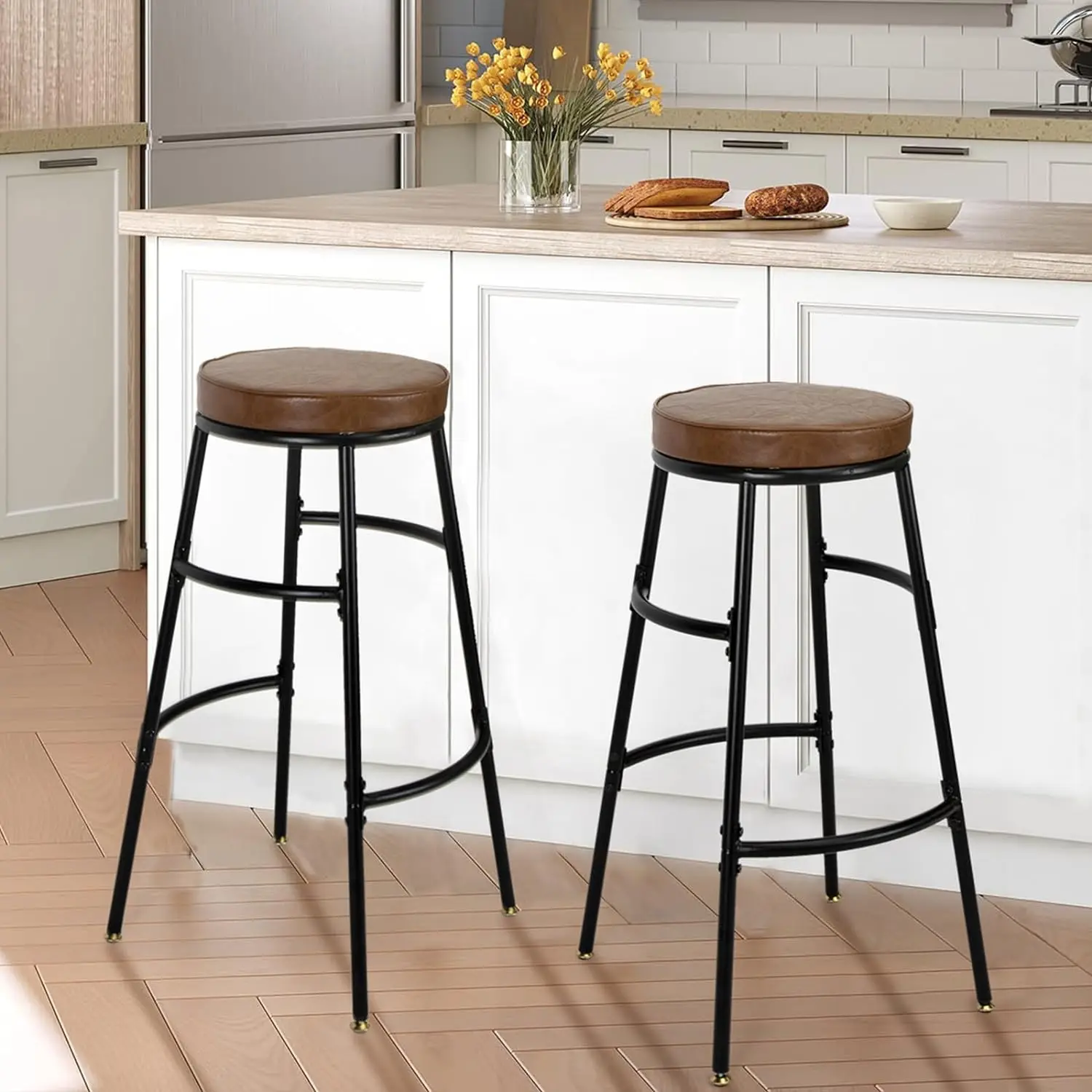 

Set of 2 PU Leather Industrial Dark Brown Counter Stools Kitchen Round Pub Bar Chairs