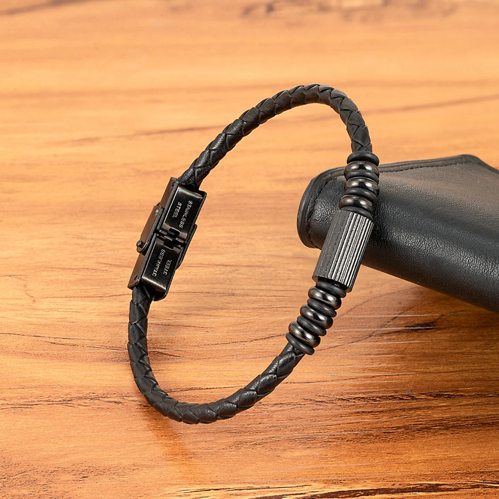 Leather Bracelet Charm Stainless Steel Magnetic Clasp for Men