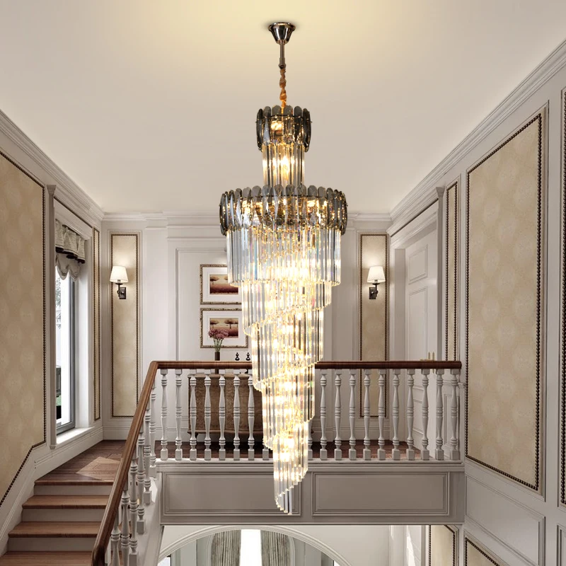 

Stairwell Large Smoky Crystal Chandelier Lighting Hotel Villa Hall Living Room decor E14 LED bulb Modern Staircase Hanging Lamp