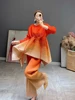 Miyake Pleated Gradient Blue Belt Sets 2022 Spring  Summer High Fashion Loose Two Piece Suits Designer Clothes 4
