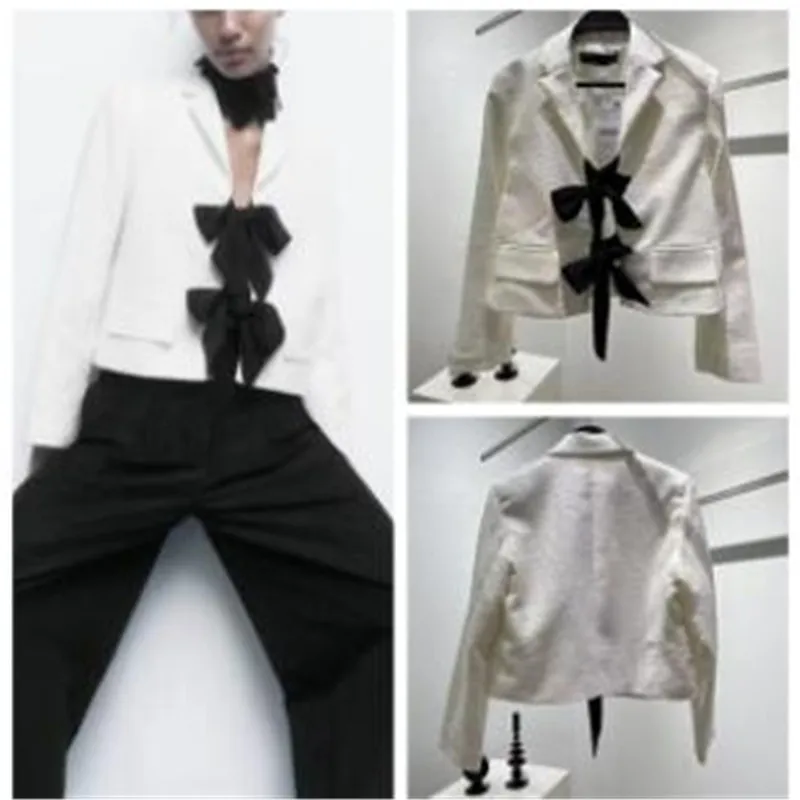 

Women Fashion Contrast Bow Tied Tweed Blazer Coat Vintage Long Sleeve Flap Pockets Female Outerwear Chic Veste Femme