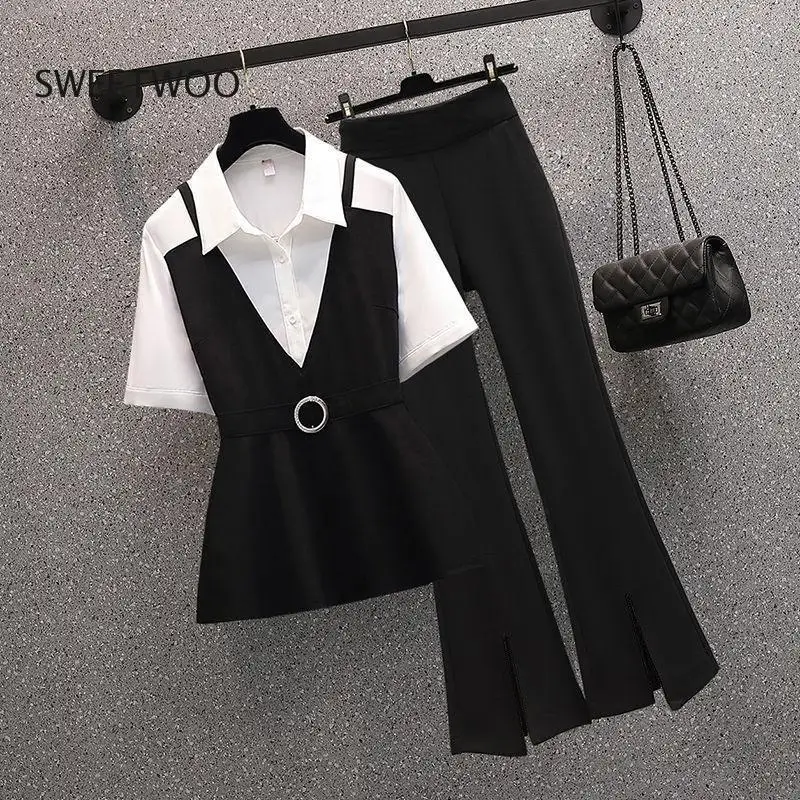 

Temperament Professional Suit New Spring 2022 Large Size Women's Wear Age Reducing Thin Shirt Micro Flare Pants Two-piece Set