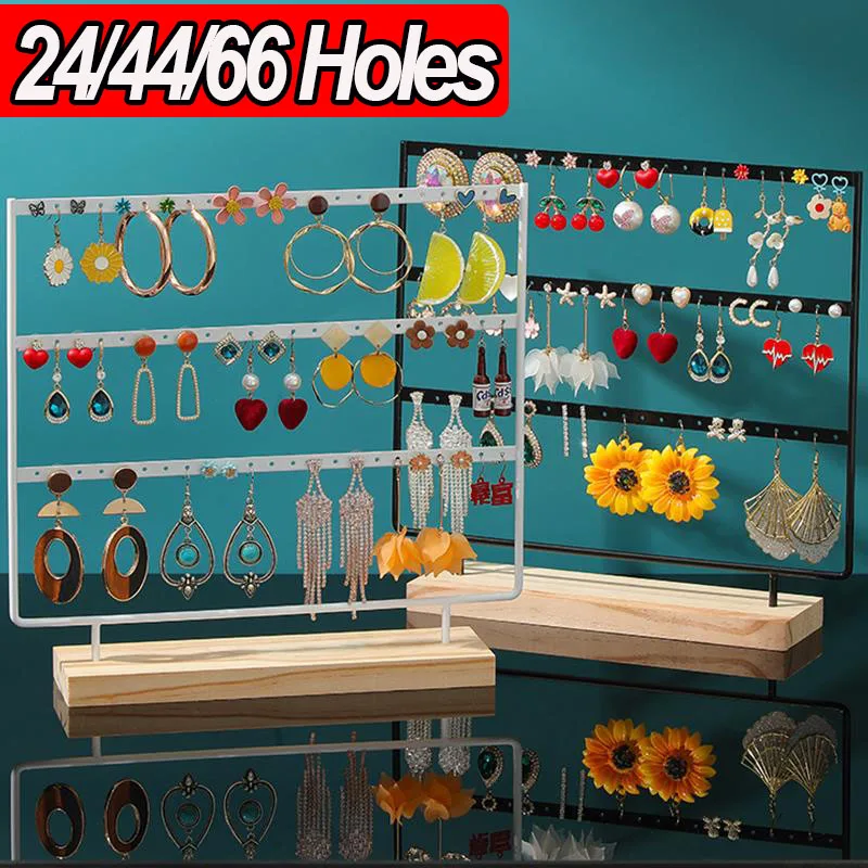 

24/44/66Holes Earrings Holder Jewelry Organizer Display Tree Earrings Stand with Wooden Base Stand Hanging Earring Ear Stud Rack