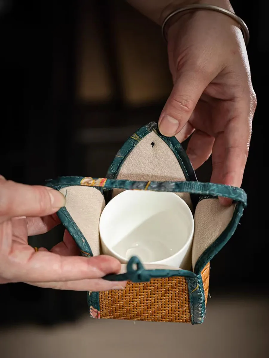 Rattan Pattern Small Bag Square Travel Outdoor Cover Bowl Portable Organizer Owner's Cup Teapot Bag Spliced Drawstring Pocket