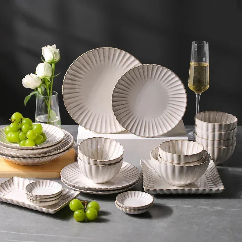 White Chrysanthemum Shaped Dinner Ceramic Sets Bowl Plates Dish Porcelain Dinnerware For Set Household Hotel