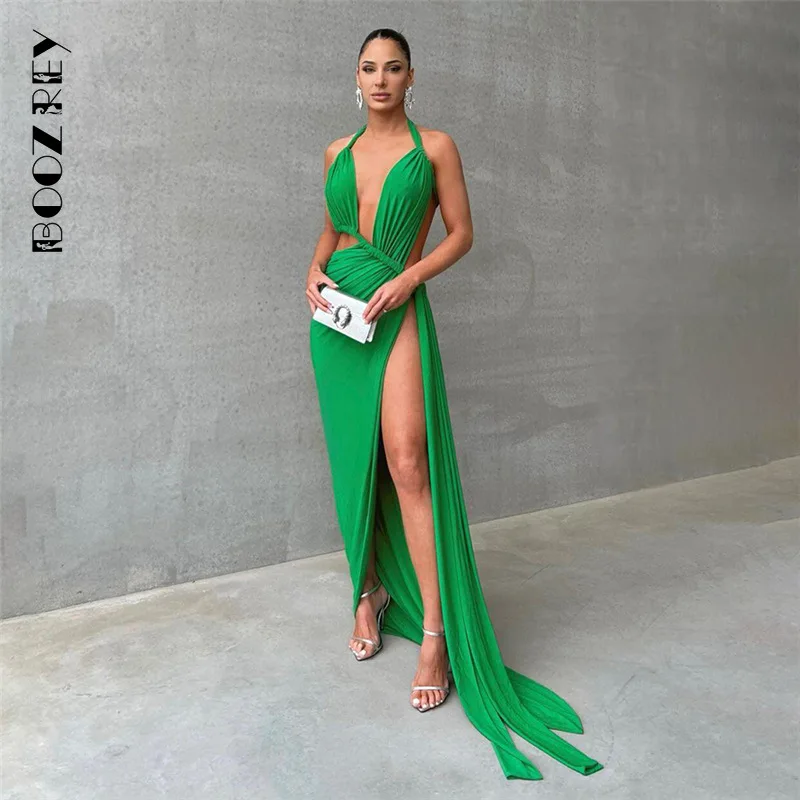 

BoozRey Sexy Solid Hang Neck Hollow Out Backless Slim Dress Women Summer Fashions Sleeveless High Waist Slit Party Club Dresses