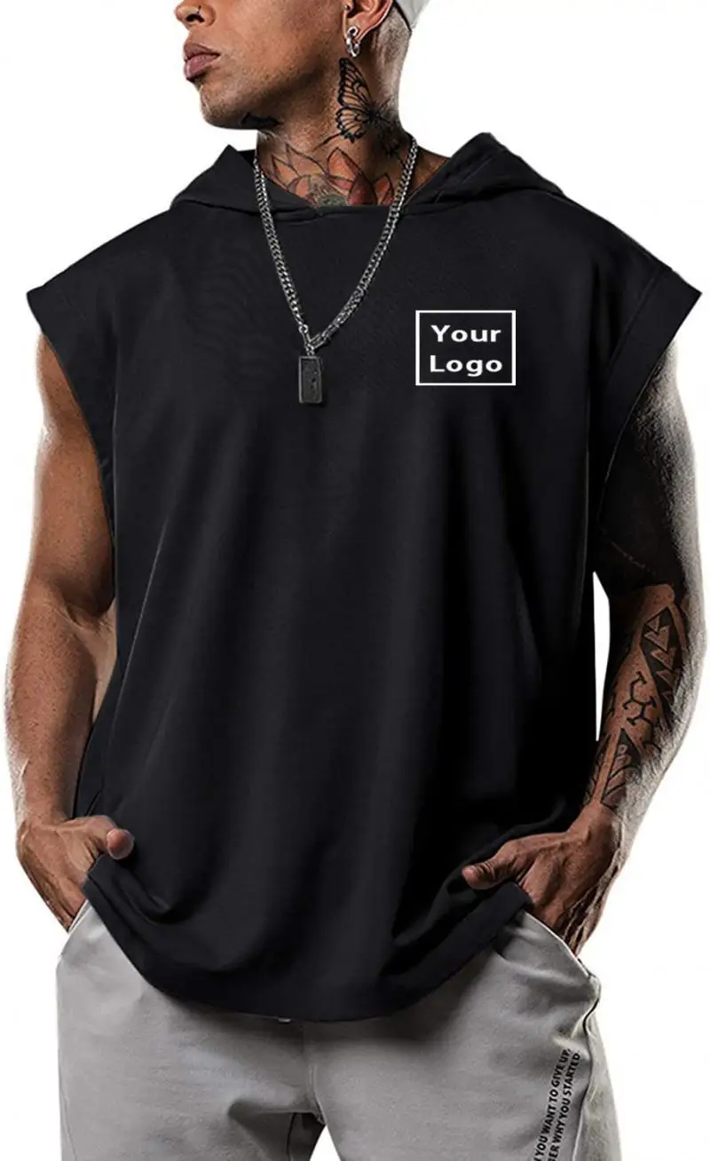 

Customized Summer Men's Fitness Training Pullover Sports and Leisure Hooded Vest Men's Solid Color Vest Custom Logo