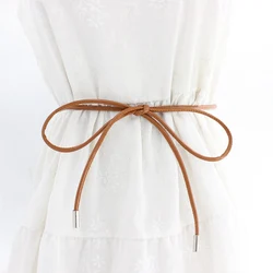 Slim PU Knotted Women's Vintage Waist Belt - Solid Color Thin String Waistband - One size (Camel)