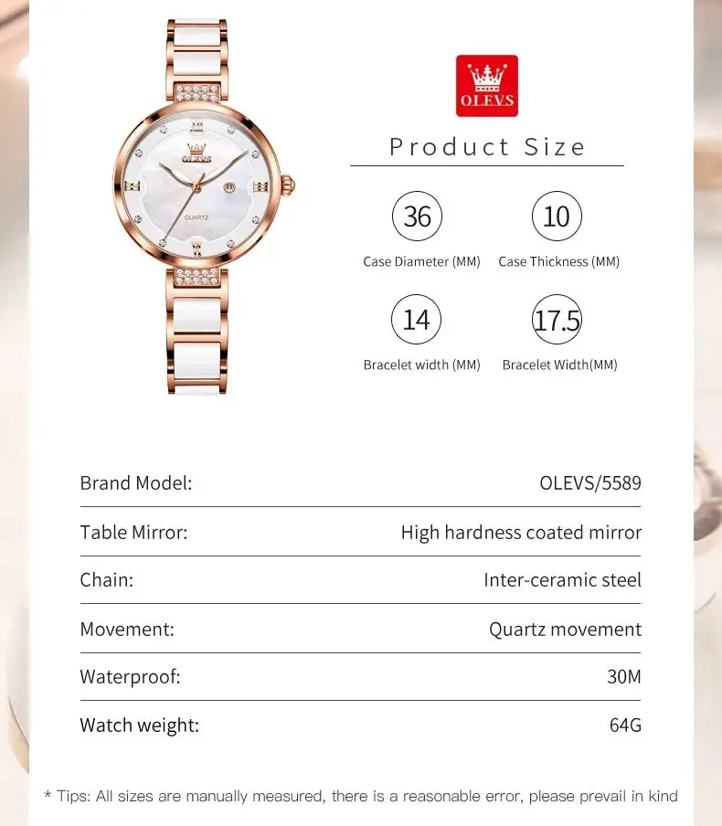 OLEVS-Montre à Quartz Originale pour Femme, Bracelet en Acier Céramique, Calendrier, Montre-Bracelet de Luxe pour Femme, Montre Habillée Shoe Étanche, 5589