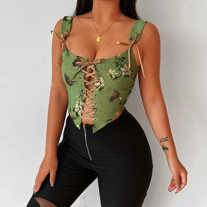 Summer Ladies Vintage Floral Print Crop Corset Bandage Backless Tops Women Slim Sexy Elegant Streetwear Club Vacation Tank Vest