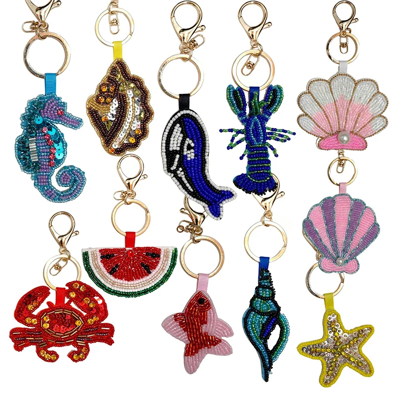 Cute Conch/Starfish/Crab/Seashell Appliques Embroidered Beaded Decals Keychains DIY Bags Charms Ocean-theme Hanging Ornament