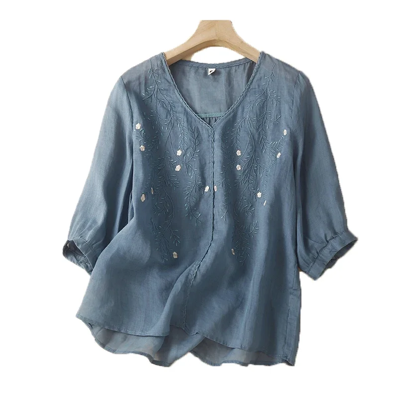 Embroidery Chinese Style Blouses Summer Vintage Women's Shirts Short Sleeve Cotton Linen Clothing Loose Women Top 2024 Korean