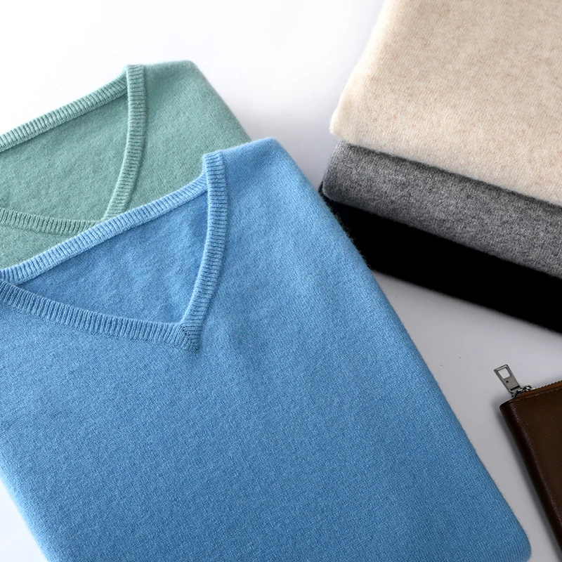 DjzDsm 100% Merino Wool Knit Sweater V-Neck Solid Color Pullover For Men's Autumn And Winter New Long Sleeved Basic Sweater 6