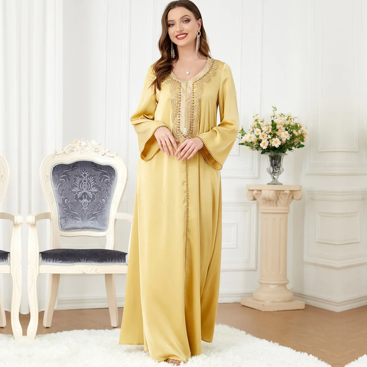 Beaded Abaya Dubai Luxury Arabic Islamic Clothes V-neck Muslim Evening Long Dress Kaftans for Women Morocco Caftan Robe Vestidos