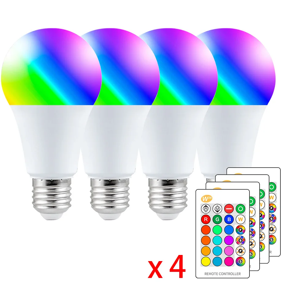 

4pcs RGB LED Bulb Light E27 5W 10W 15W RGBW 85-265V Dimmable LED Color Bulb Changeable RGBWW Lamp With IR Remote Control