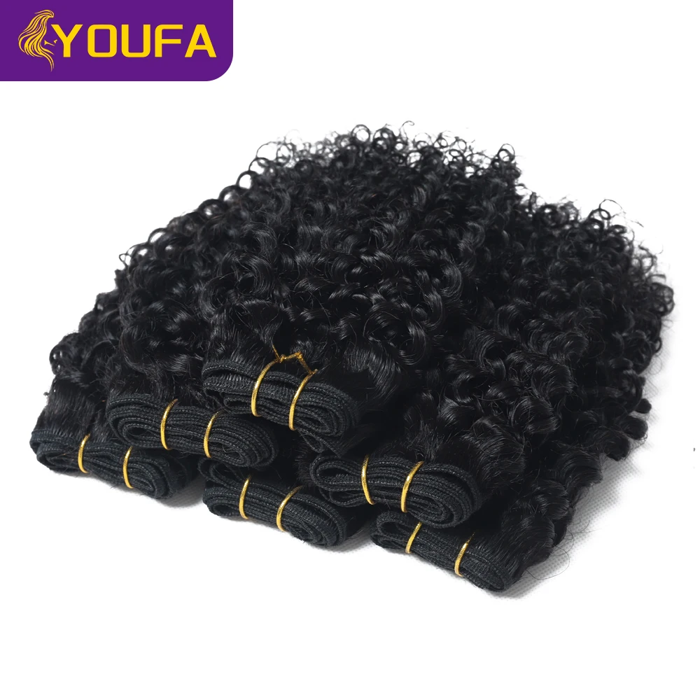 YOUFA 12A 6 Pcs Kinky Curly Human Hair Weave Bundles With 4x4 Transparent Lace Closure For Black Women Natural Color Human Hair