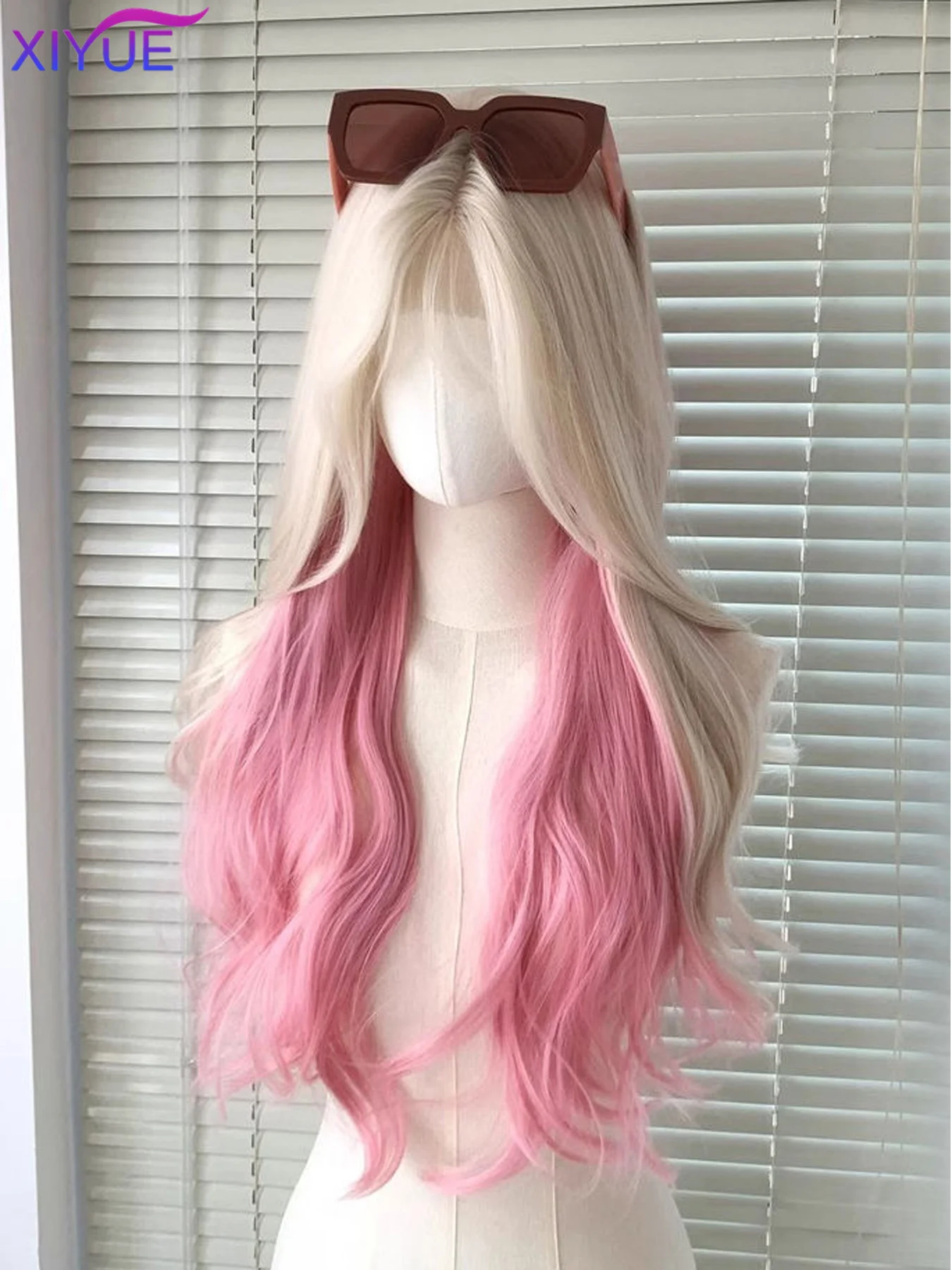 XIYUE Long Natural Wavy Platinum Blonde Pink Synthetic Wigs with Bangs for Women Heat Resistant Fiber Cosplay Party Lolita