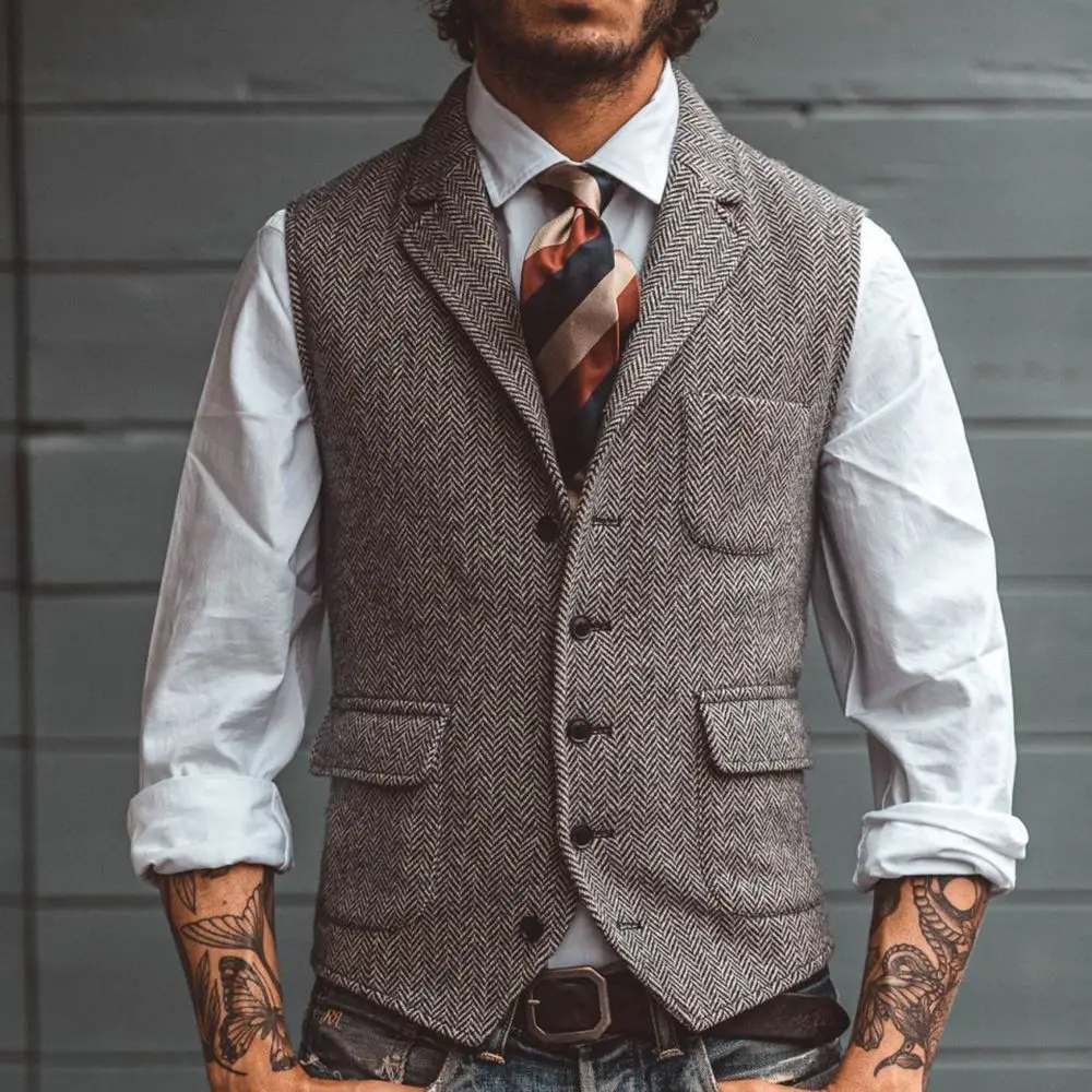 Men's Suits Vest V Neck Lapel Casual Classic Formal Business Herringbone Slim Fit For Wedding Groomsmen
