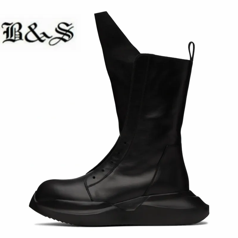 

Black& Street Thick Sole Full Real Leather Cavalier Punk High Boots Composite Bottom Rock Own Man Booties