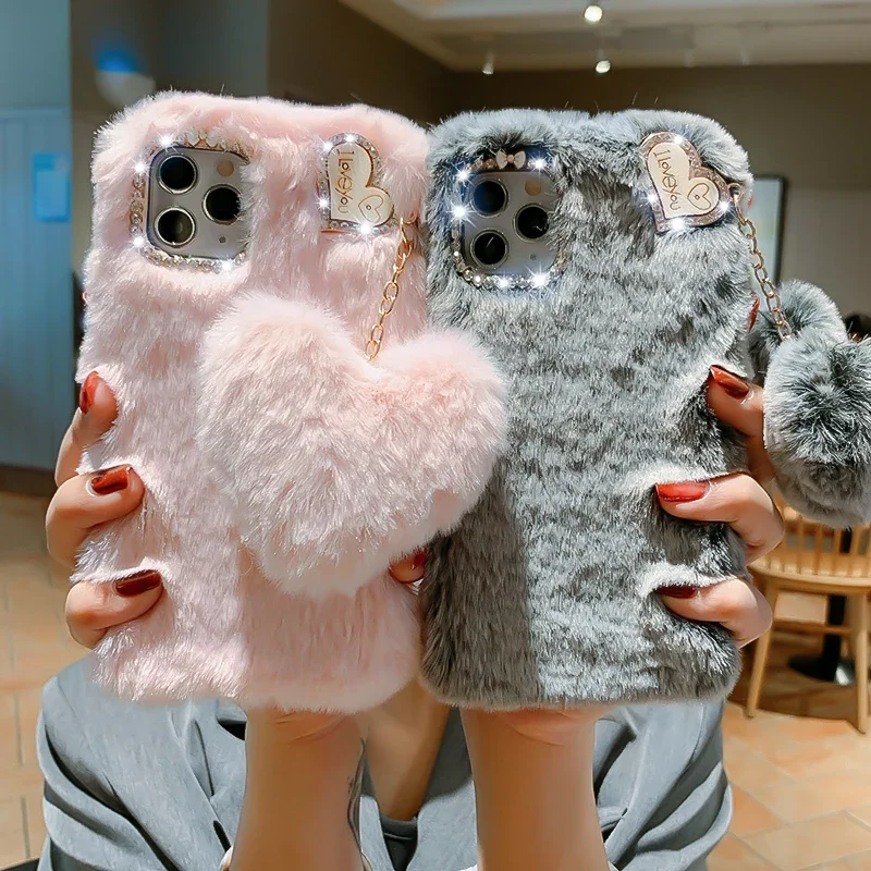 Custodia Morbida Per Telefono Di Lusso Diamond Love Fluffy Plush Fur Per Samsung S23 Ultra Case S22 Plus S21 A25 M13 A54 A34 A24 A14 A04S Cover