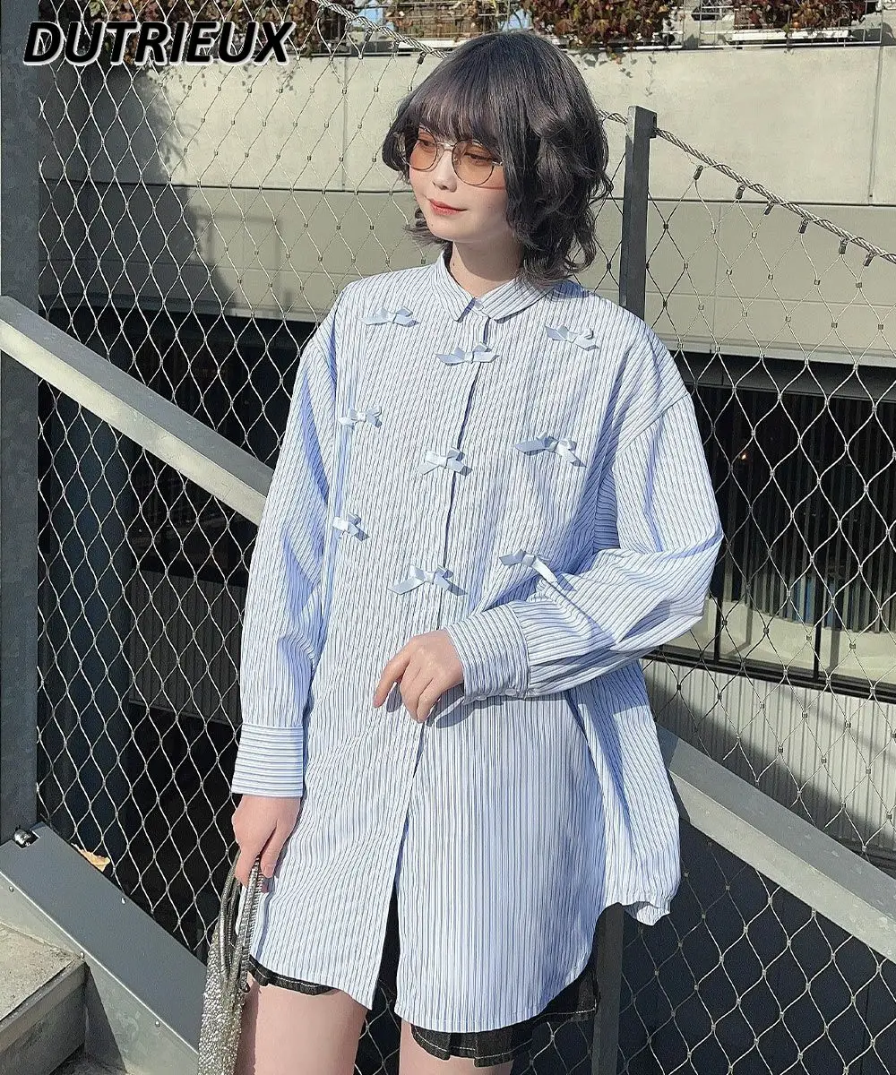

Spring Autumn New Japanese Style Loose Oversize Bow Cute Stripes Shirt All-Matching Student Long Sleeve Tops for Women