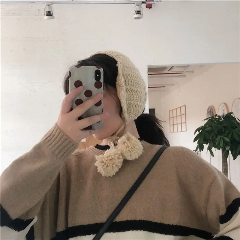 Handmade Y2k Plush Earmuffs Thicken Solid Color JK Knitted Earflap Riding Soft Warm Winter Ear Cover Girl warm earmuffs