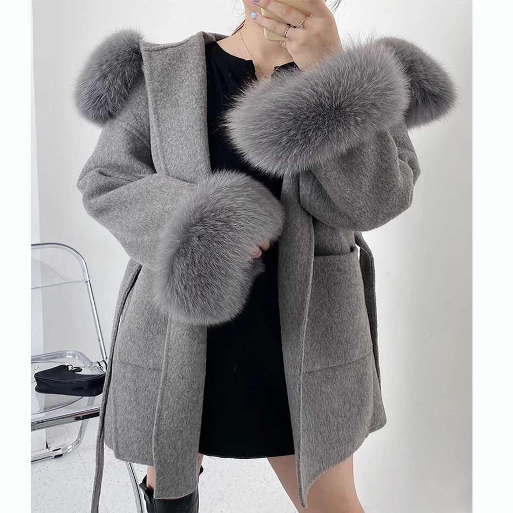 

2023 New Oversize Ladies Outerwear Real Fur Coat Winter Jacket Women Natural Fox Fur Collar Cuffs Hood Cashmere Wool Woolen