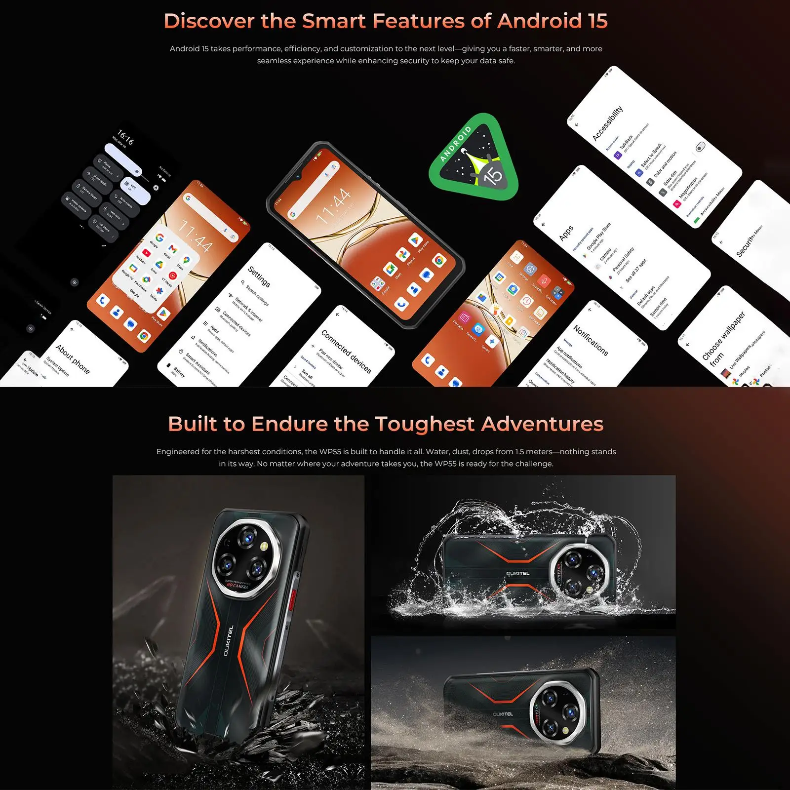 Oukitel WP55 5G Rugged Smartphone 11000mAh Battery 33W 108MP Camera 12GB+256GB 6.6 inch FHD+ IPS Display 120Hz Android 15 NFC